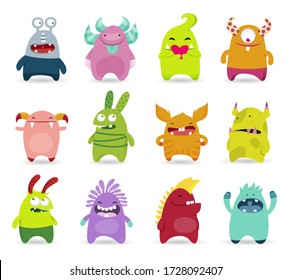 Happy Halloween. Monster set. Cute kawaii cartoon colorful scary funny character icon. Eyes, tongue, hands, horns, fang teeth . Funny baby collection. Isolated. White background Flat design