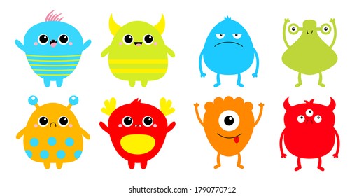 Happy Halloween. Monster set. Cute cartoon kawaii sad character icon. Eyes horns, hands up, tongue. Funny baby collection. Colorful silhouette. White background. Isolated. Flat design. Vector