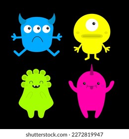 Happy Halloween. Monster set. Cute Funny Kawaii cartoon baby character. Colorful animal. Eyes, horns, fangs hands. Sad smiling face. Boo. Sticker print. Flat design. Black background. Vector