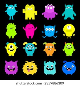 Happy Halloween Monster set. Cute cartoon kawaii colorful scary character icon. Eyes, horns, tongue, fang, hands, teeth. Funny childish baby collection. Flat design. Black background. Isolated Vector