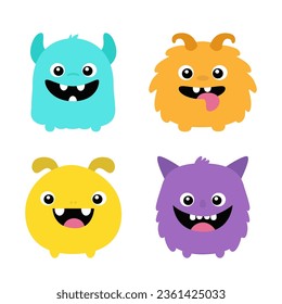 Happy Halloween. Monster set. Cute head face. Four colorful monsters. Cartoon kawaii smiling funny boo character. Childish baby collection. T-shirt design. White background. Flat design. Vector