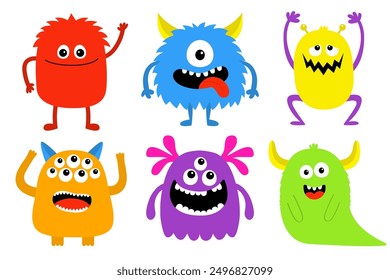 Happy Halloween. Monster set . Cute cartoon kawaii funny baby character icon. Colorful silhouette. Horns, fang teeth, eyes. Sticker print. Childish style. Flat design. Isolated Black background Vector