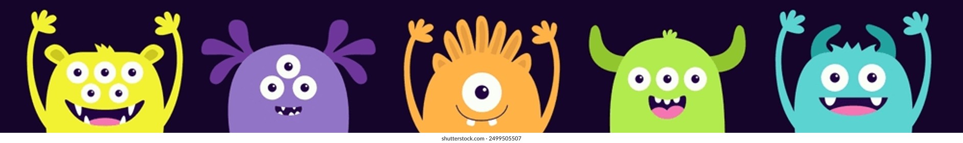 Happy Halloween. Monster set. Five colorful face head silhouette icon line. Eyes, tooth fang, tongue, hands up. Cute cartoon kawaii scary funny baby character. Flat design. Black background. Vector