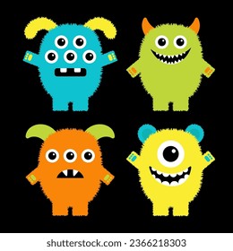 Happy Halloween. Monster set. Four colorful monsters. Cute face head. Cartoon kawaii scary funny character. Different emotion. Baby collection. T-shirt design. Black background. Flat design. Vector