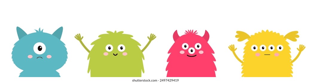 Happy Halloween. Monster set. Four colorful silhouette head face icon line. Eyes, tongue, tooth fang, hands up. Cute cartoon kawaii scary funny baby character. White background. Flat design. Vector