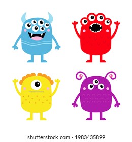 Happy Halloween. Monster set icon line banner. Cute kawaii cartoon baby character. Funny head face colorful silhouette. Hands up, down. Eyes teeth fang horn tongue. Flat design White background Vector