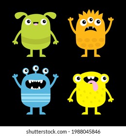 Happy Halloween. Monster set icon. Funny head face colorful silhouette. Hands up, down. Cute kawaii cartoon baby character. Eyes teeth fang horn tongue. Flat design. Black background. Vector