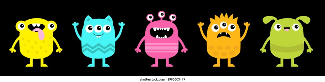 Happy Halloween. Monster set icon line banner. Cute kawaii cartoon baby character. Funny head face colorful silhouette. Hands up, down. Eyes teeth fang horn tongue. Flat design Black background Vector