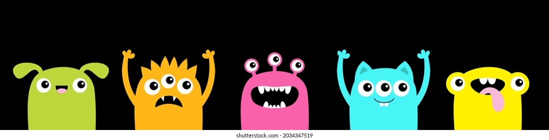 Happy Halloween. Monster set icon line. Cute kawaii cartoon baby character. Funny face head colorful silhouette. Hands up. Eyes teeth fang horn tongue. Flat design Black background Vector illustration