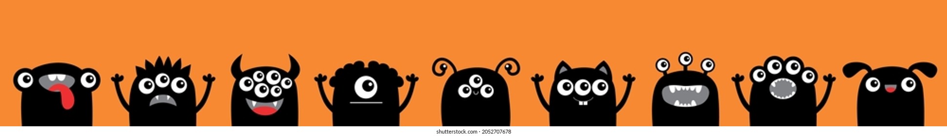 Happy Halloween. Monster set icon line. Cute kawaii cartoon baby character. Funny face head black silhouette. Eyes teeth fang horn tongue. Hands up. Flat design. Orange background. Vector illustration