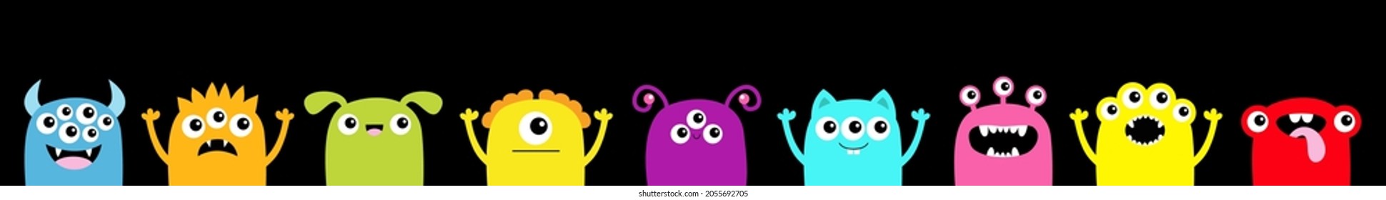 Happy Halloween. Monster set icon line. Funny face head colorful silhouette. Cute kawaii cartoon baby character. Eyes teeth fang horn tongue. Hands up. Flat design Black background Vector illustration