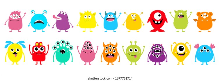 Happy Halloween Monster set line. Cute kawaii cartoon colorful funny scary character icon. Eyes, horns, hands, tongue, fang teeth . Funny baby collection. Flat design. White background Isolated Vector