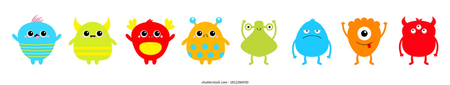 Happy Halloween. Monster Set Line. Cute Kawaii Cartoon Sad Character Icon. Eyes, Horns, Hands Up, Tongue. Funny Baby Collection. Colorful Silhouette. Isolated. White Background. Flat Design. Vector