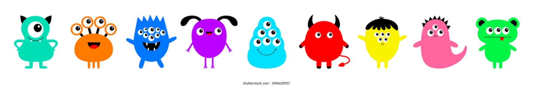 Happy Halloween. Monster set line. Cute kawaii cartoon colorful scary funny character icon. Funny collection. Eyes, tongue, hands, horns, fang teeth. White background. Isolated. Flat design. Vector