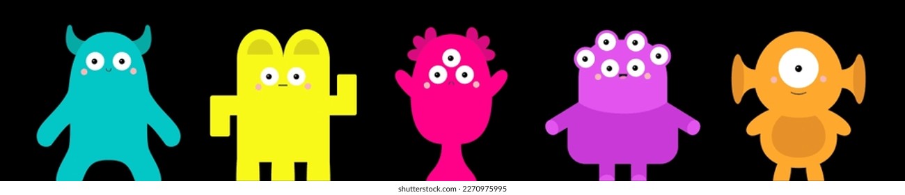 Happy Halloween. Monster set line. Cute Funny Kawaii cartoon baby character. Colorful animal. Eyes, horns, fangs, hands. Sad smiling face. Boo. Sticker print. Flat design. Black background. Vector