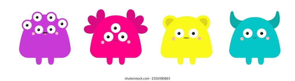 Happy Halloween. Monster set line. Cute head face. Colorful monsters. Cartoon kawaii scary funny character. Different emotion. Baby collection. T-shirt design. White background. Flat design. Vector