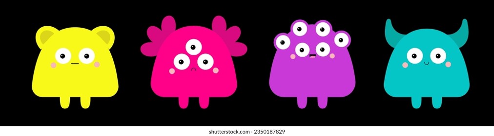 Happy Halloween. Monster set line. Cute head face. Colorful monsters. Cartoon kawaii scary funny character. Different emotion. Baby collection. T-shirt design. Black background. Flat design. Vector