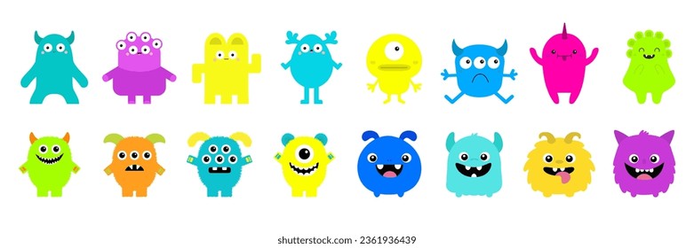 Happy Halloween Monster set line. Cute cartoon kawaii colorful scary funny character icon. Eyes, horns, hands, tongue, fang teeth . Funny baby collection. Flat design. White background Isolated Vector