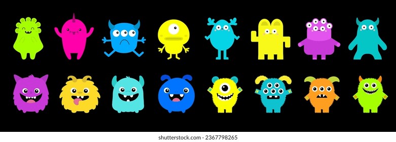 Happy Halloween Monster set line. Cute cartoon kawaii colorful scary funny character icon. Eyes, horns, hands, tongue, fang teeth . Funny baby collection. Flat design. Black background Isolated Vector
