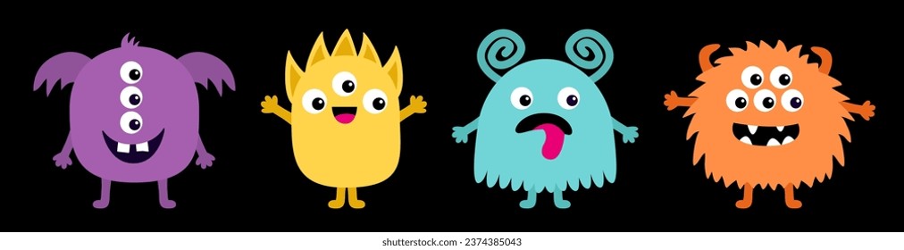 Happy Halloween. Monster set line banner. Colorful monsters with different emotions. Funny smiling face head. Cartoon kawaii boo childish baby character. Black background. Flat design. Vector