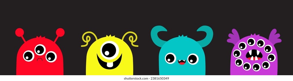 Happy Halloween. Monster set line. Colorful silhouette monsters. Cartoon kawaii funny boo character. Cute face head with horns, teeth, eyes. Baby collection. Flat design. Black background. Vector