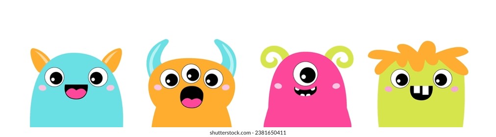 Happy Halloween. Monster set line. Cute face with teeth, eyeshorns. Black silhouette monsters. Cartoon kawaii funny boo character. Baby collection. T-shirt design. White background. Flat design Vector