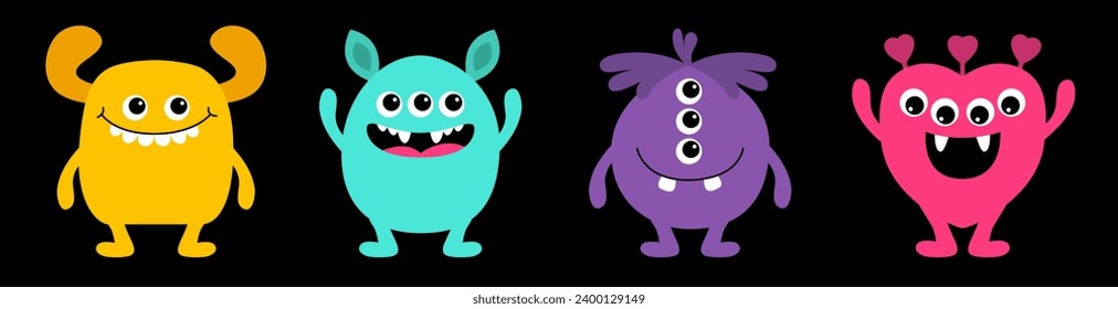 Happy Halloween. Monster set line. Colorful silhouette monsters. Cartoon kawaii funny boo character. Cute face with teeth, horns, eyes. Childish baby collection. Black background. Flat design. Vector
