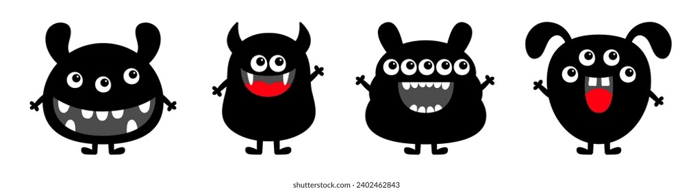 Happy Halloween. Monster set line. Black monsters with different emotions. Cute face head. Cartoon kawaii funny boo character. Childish baby collection. White background. Flat design. Vector