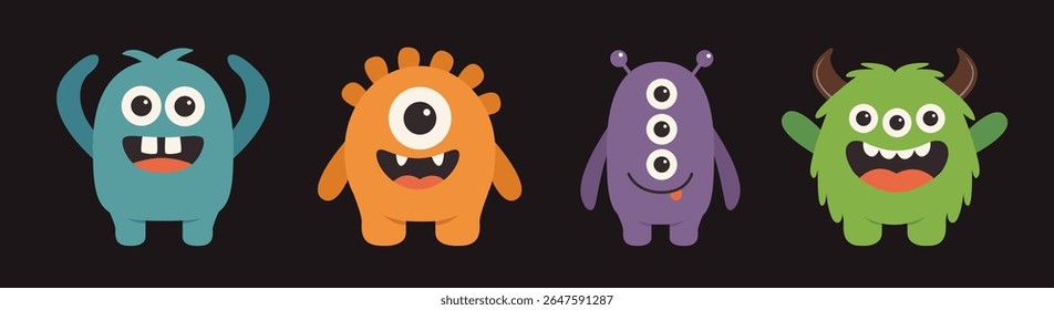 Happy Halloween. Monster set line. Funny cartoon kawaii baby character face. Cute colorful monsters silhouette icon. Horns, teeth, eyes, hands. Childish style. Flat design. Black background. Vector