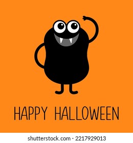 Happy Halloween. Monster silhouette. Cute Black Funny Kawaii cartoon baby character. Eyes, teeth, hands. Sticker print. Boo. Flat design. Orange background. Vector illustration