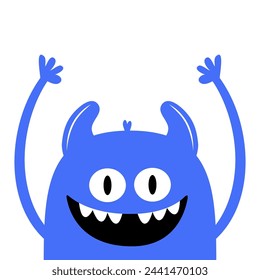 Happy Halloween. Monster smiling face head icon. Eyes, horns, fang tooth, hands up. Cute cartoon boo spooky character. Blue silhouette. Kawaii funny baby. Flat design. White background Vector