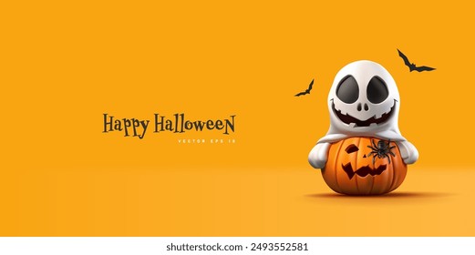 Happy Halloween. Monster and spider sitting on pumpkin and smiling, 3D. Funny and scary image for advertising concepts. Vector illustration.