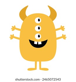 Happy Halloween. Monster standing. Orange silhouette icon. Three eyes, horns legs, hands. Cute cartoon kawaii funny baby character. Childish style. Flat design. Isolated. White background. Vector