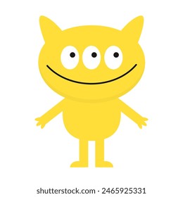 Happy Halloween. Monster standing . Yellow silhouette icon. Three eyes, ears, hands. Cute cartoon kawaii funny smiling baby character. Childish style. Flat design. White background. Isolated. Vector