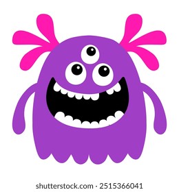 Happy Halloween. Monster with three eyes, ears, fang teeth. Violet silhouette icon. Cute cartoon kawaii smiling funny baby character. Childish style. Flat design. Isolated. White background. Vector