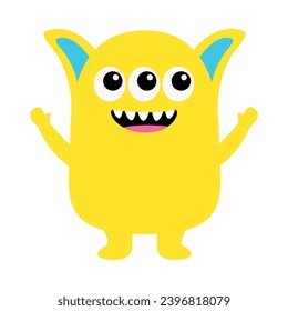 Happy Halloween. Monster yellow silhouette head face icon. Eyes, tongue, tooth fang, ears, hands up. Cute cartoon kawaii scary funny smiling baby character. Flat design. White background. Vector