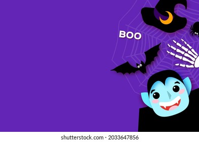 Happy Halloween. Monsters. Dracula - funny spooky vampire. Trick or treat. Bat, spider, web, bones. Space for text. Purple.