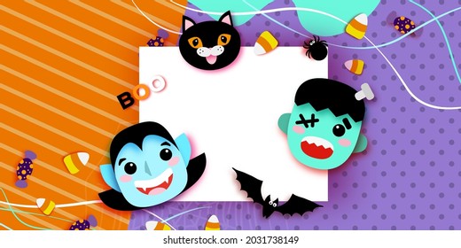 Happy Halloween. Monsters paper cut style. Dracula and Black cat, Frankenstein. Funny spooky vampire. Trick or treat. Bat, spider, web, candy, bones. Square Space for text Orange Purple