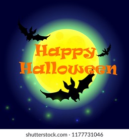 happy Halloween, moon, bats, vector illustration