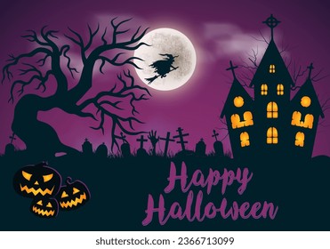 Happy halloween moon night background with purple violet fog pumpkin and dark hunted castle