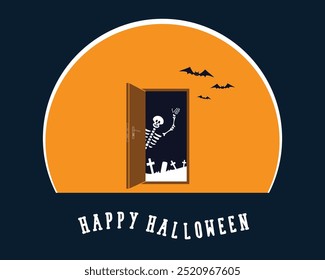 Happy Halloween. The moon and an open door with a skeleton in the background of graves