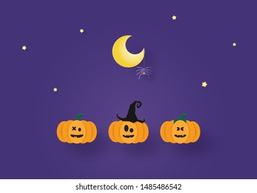 Happy Halloween, Moon stars and pumpkins, Paper layer cut, Craft vector