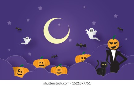 Happy Halloween, Moon stars pumpkins and witch, Paper layer cut, Craft vector
