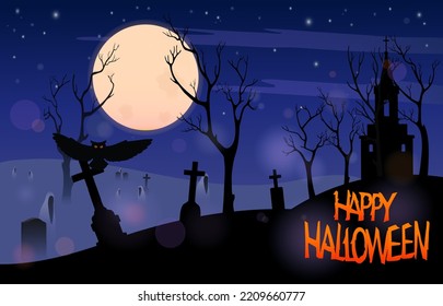 Happy Halloween. Moonlit night at the cemetery. Scary ghosts at night in an abandoned cemetery among the graves. Flying owl. Old church, crosses, fog, trees. cemetery. 