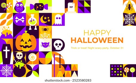 Happy Halloween Mosaic Banner. Vector Illustration of Flat Style. Trick or Treat Web Template. Scary Party Concept. Horror Holiday.