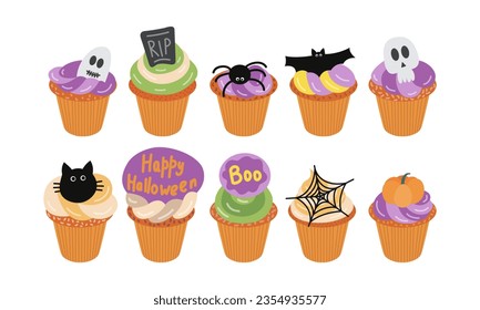 Feliz conjunto de vectores de muffins de Halloween. Espectacular y espeluznante colección de magdalenas de Halloween.