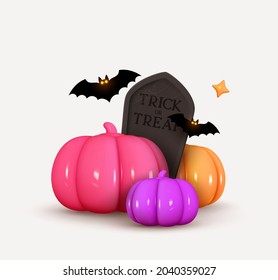 Happy Halloween. Multicolored pumpkins, gravestone slab. bat. Realistic 3d design in cartoon style. Creative Decor for poster, web banner, flyer, brochure. Vector illustration