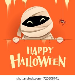 Happy Halloween. Mummy with big signboard. Retro Vintage. Orange background.