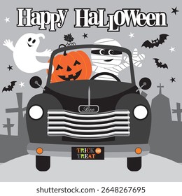 Happy Halloween with a mummy, ghost, and pumpkin driving a car