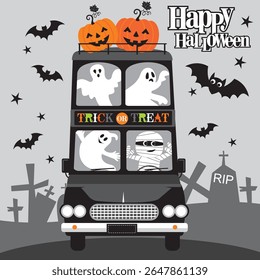 Happy Halloween with mummy, Ghost and pumpkins on the bus